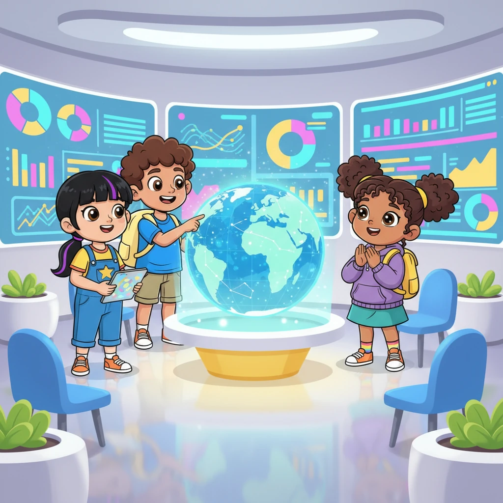 Leo, Mia, Sam, and Lily are happily gathered around a shimmering holographic globe in their vibrant, futuristic classroom. Bright light spills from the interactive screens on the walls, illuminating their excited faces as they point and discuss. Their classroom is a hub of cheerful colors and smooth, rounded furniture, buzzing with the soft hum of technology.