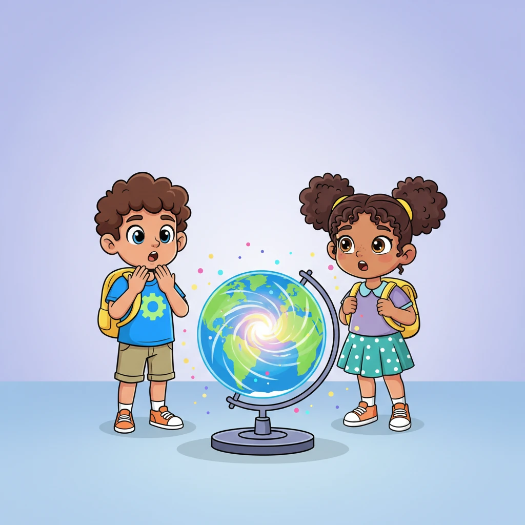 Suddenly, the holographic globe flickers, and a small, glowing vortex begins to swirl in its center, pulsing with an inviting, otherworldly light. The children gasp, their eyes wide with a mix of wonder and slight apprehension. The air crackles with magic as the portal expands, shimmering with rainbow hues.