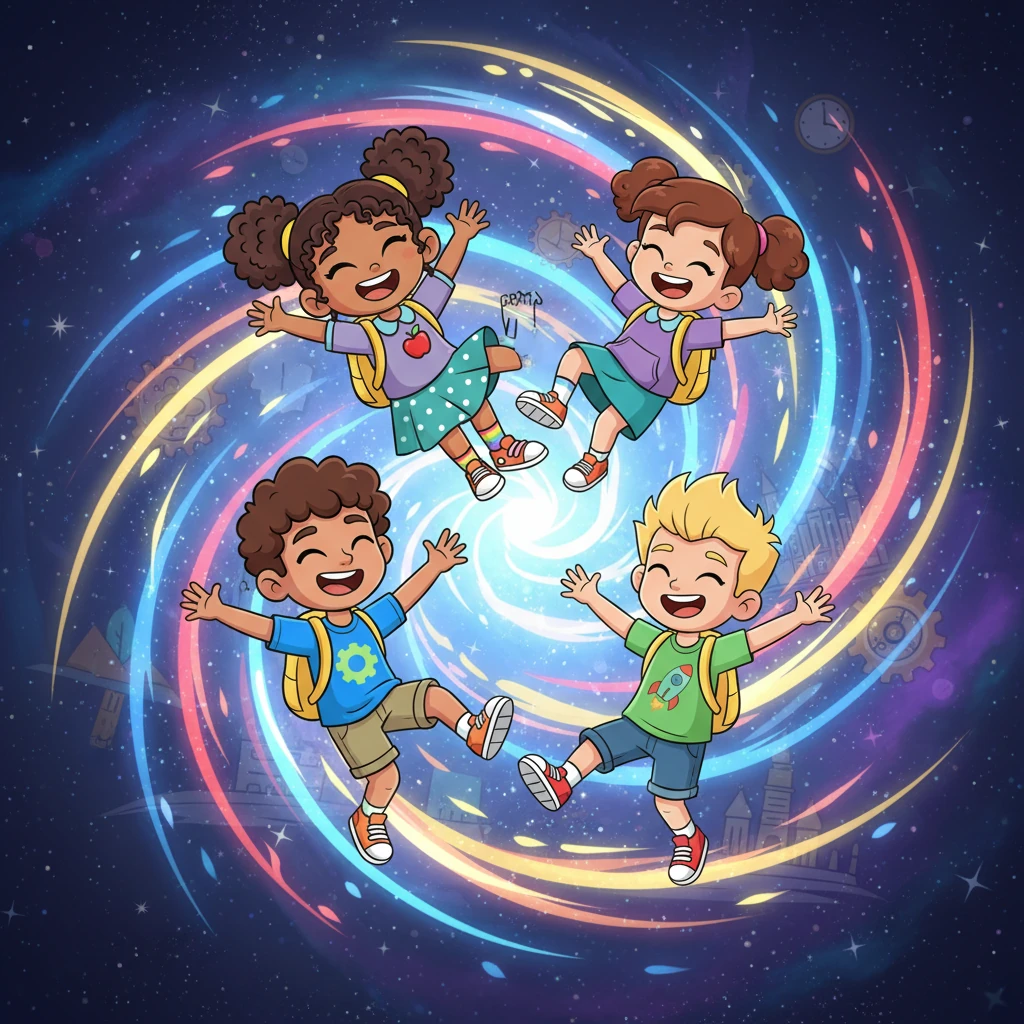 With a gentle, playful tug, the expanding portal reaches out and swirls around the four friends, pulling them in one by one. Their laughter echoes as they tumble into the shimmering abyss, their limbs comically flailing. Dynamic streaks of light trail behind them as they are whisked away through time.