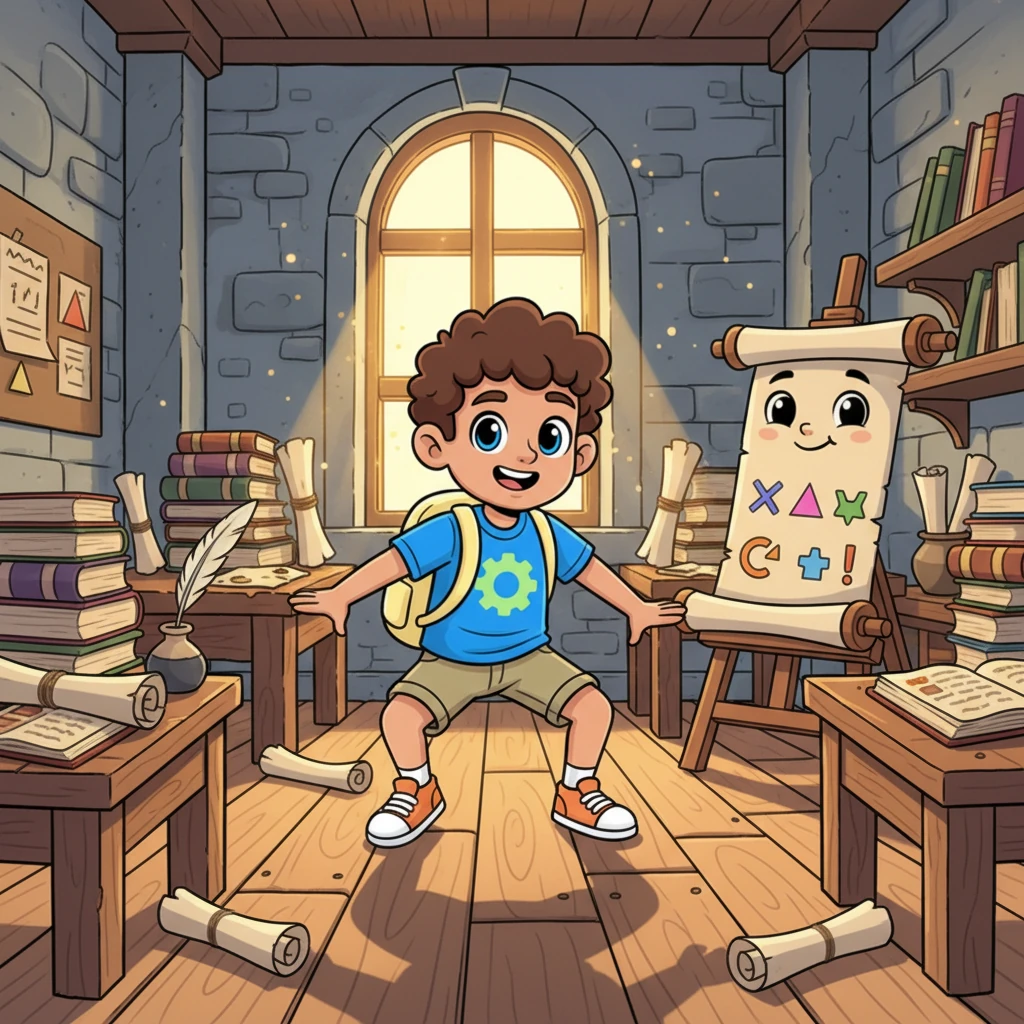 They land with a soft thud in a vastly different, ancient classroom filled with wooden desks, parchment scrolls, and stacks of dusty books. Sunlight streams through a tall, arched window, illuminating an old quill and inkpot on a simple wooden table. A friendly, cartoonish ancient scroll unrolls itself, displaying their first educational quiz.