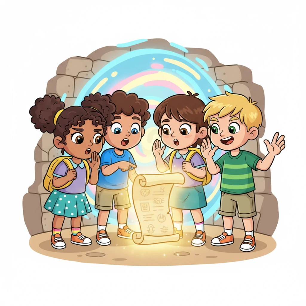 Leo, Mia, Sam, and Lily huddle together, pointing at the scroll and whispering furiously, their expressive faces showing deep concentration. They excitedly discuss the historical question, piecing together clues with animated gestures. As they confidently choose their answer, the ancient scroll glows warmly, and the time portal reappears, shining brighter than before.
