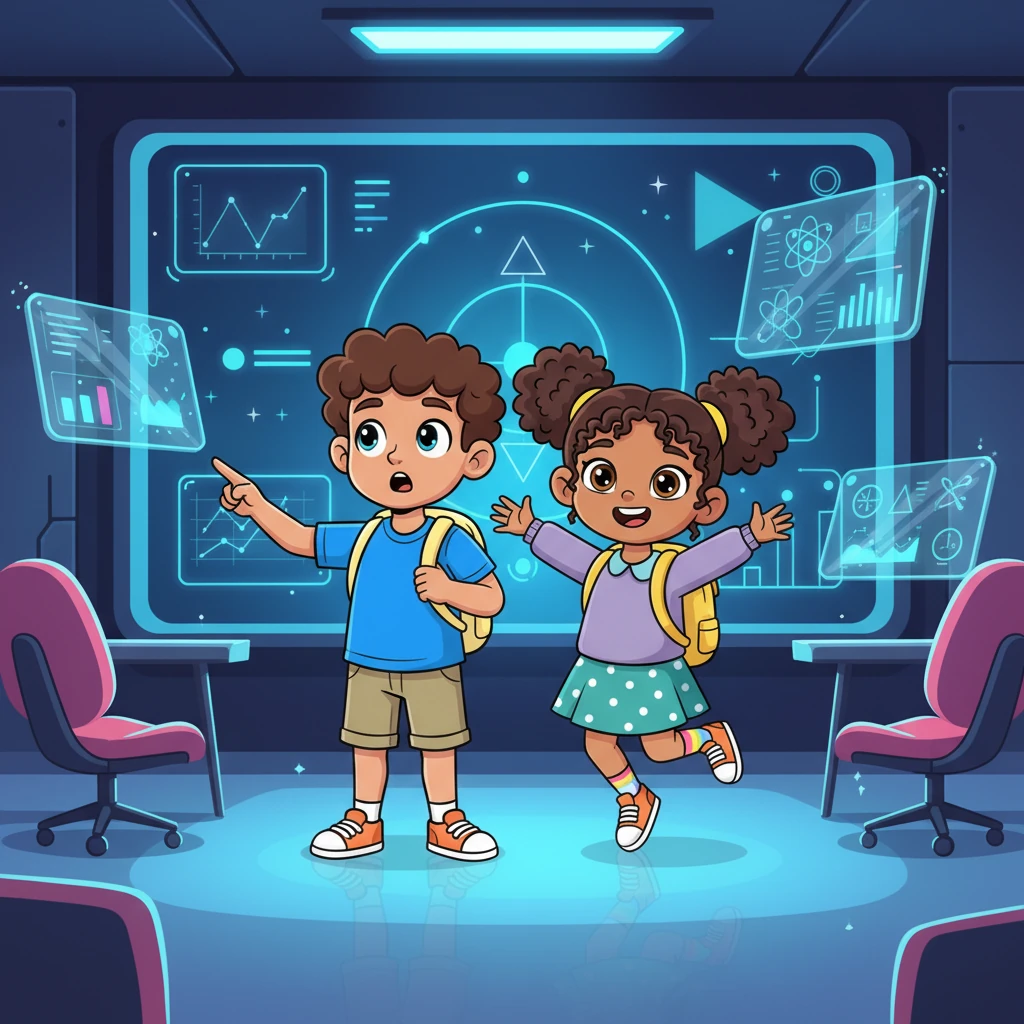 Whoosh! They land again, this time in a sleek, ultra-modern digital classroom, even more advanced than their own, with transparent touchscreens floating everywhere. Bright, neon lights highlight sleek chrome surfaces and ergonomic chairs. A massive interactive wall screen lights up, presenting their next challenge: a series of true or false questions about cutting-edge science.