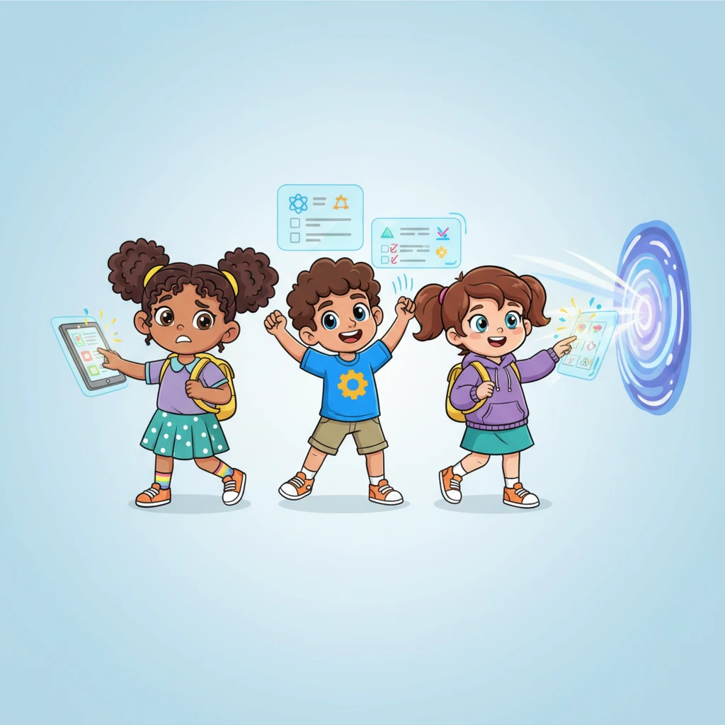 The children eagerly tap and swipe at the floating screens, collaborating to answer the tricky science questions. Their exaggerated expressions show moments of confusion, then triumphant smiles as they figure out the correct answers. Each correct choice makes the interactive screen flash with a burst of cheerful light, and the portal beside them pulses with renewed energy.