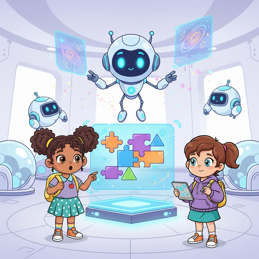 Another quick journey, and they find themselves in a fantastical, futuristic AI school where friendly, bulbous robots glide silently by. Holographic projections of constellations drift through the air, and learning pods glow softly. A charismatic, multi-eyed AI character appears on a central platform, presenting them with a complex, colorful puzzle challenge.