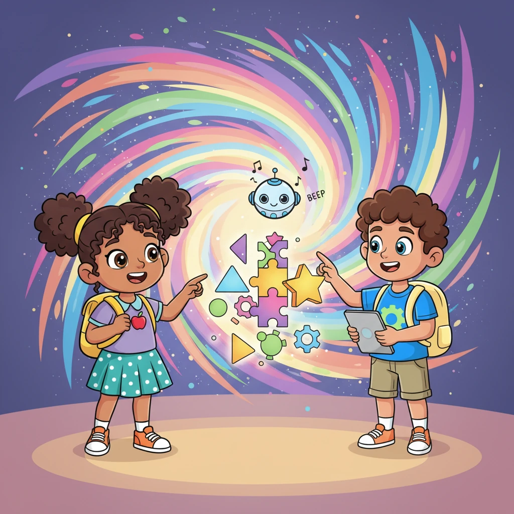 Working as a perfect team, the friends combine their unique skills, pointing and directing each other to solve the intricate puzzle. Their faces are alight with determination and joy as the final piece clicks into place. The AI character gives a happy beep, and the time portal explodes with a magnificent, swirling display of colors, ready to take them home.