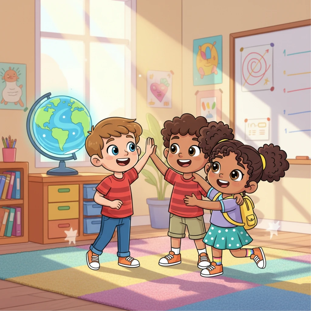 With a soft pop, Leo, Mia, Sam, and Lily tumble back into their own familiar, vibrant classroom, landing gently on the soft carpet. The holographic globe is back to normal, and the portal is gone. They beam at each other, high-fiving and hugging, their hearts full of pride and the amazing knowledge they gained from their incredible time-traveling adventure.