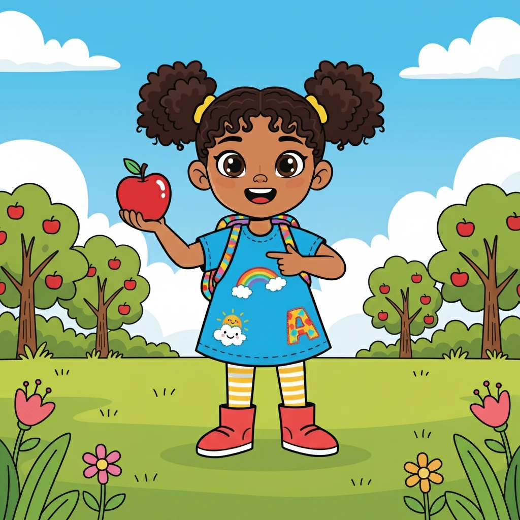 Lila loves to play outside. One sunny morning, she found a big, red apple! 'A is for apple!' she said with a smile.