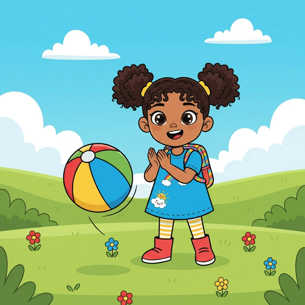Next, Lila saw a colorful ball bouncing in the grass. 'B is for ball!' she exclaimed, clapping her hands.
