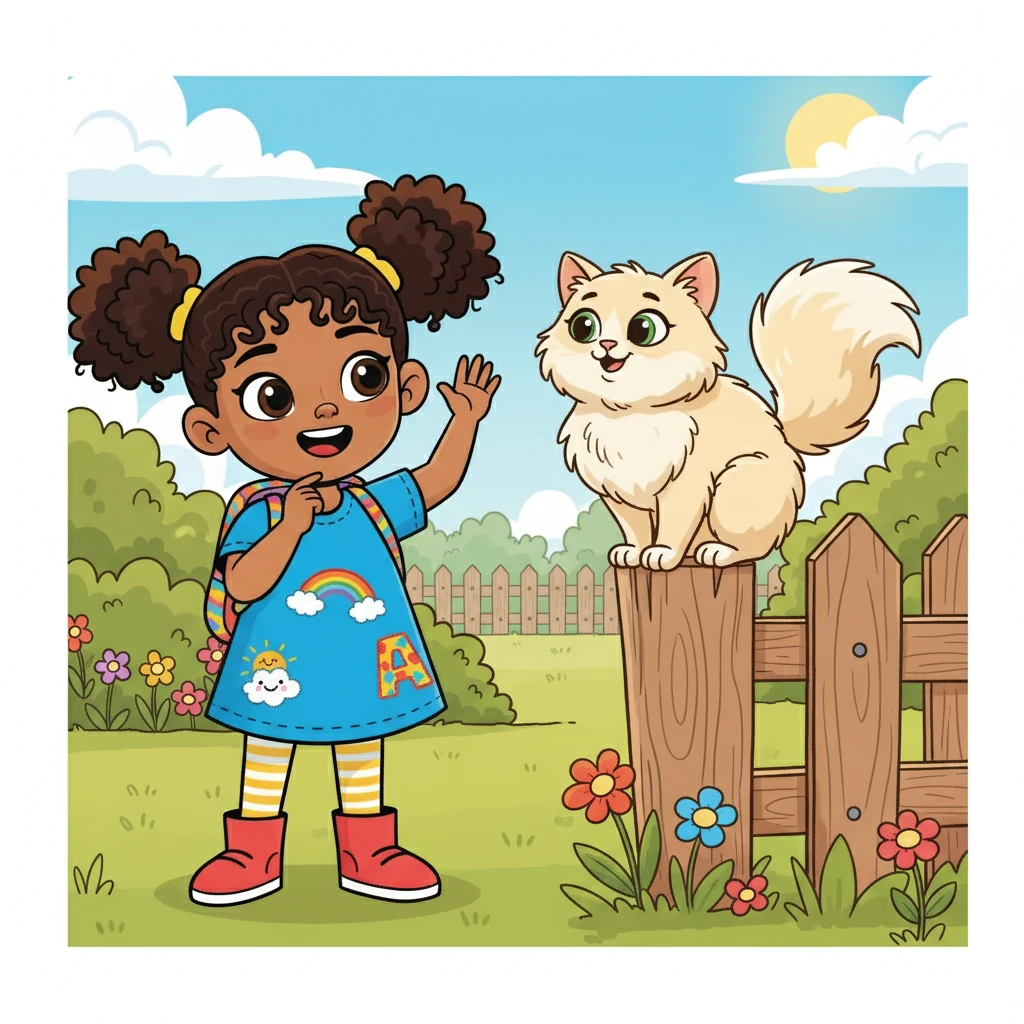 A fluffy cat was sitting on a fence. Lila waved at the cat. 'C is for cat!' she giggled.