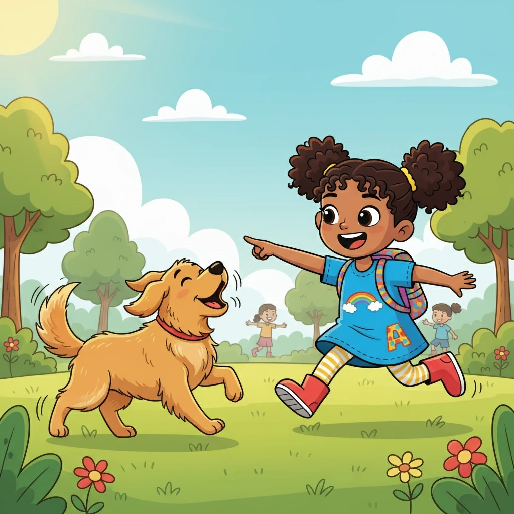 Suddenly, Lila heard a dog barking happily. 'D is for dog!' Lila pointed and laughed, running towards it.