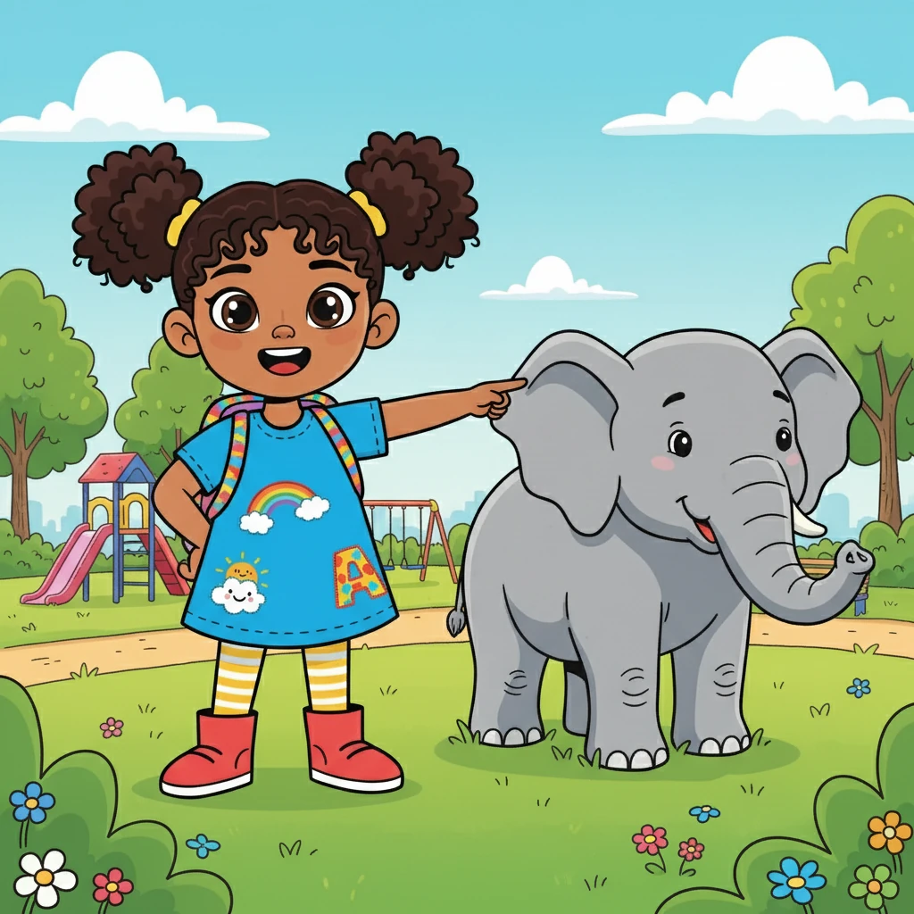 Lila went to the park and saw an elephant statue. She smiled. 'E is for elephant!'