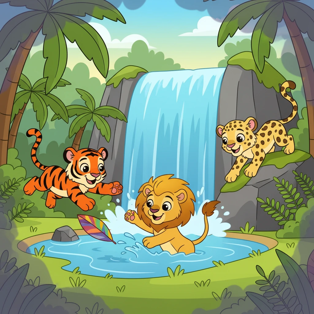 Emberpaw the tiger, Riverpaw the lion, and Cloudpaw the leopard played joyfully near a sparkling waterfall in their lush, green forest home. Unbeknownst to them, a faint, shadowy mist began to creep at the edges of their peaceful kingdom, hinting at a coming darkness.