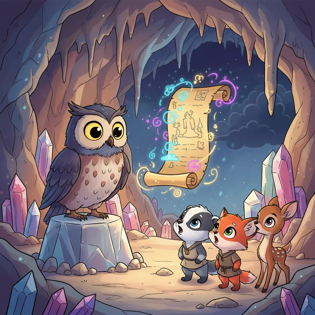 Deep within a shimmering crystal cave, a wise old Owl-Elder with glowing eyes shared an ancient prophecy with the awestruck youngsters. A mystical scroll unrolled, foretelling their destiny to protect the land from the encroaching shadow.