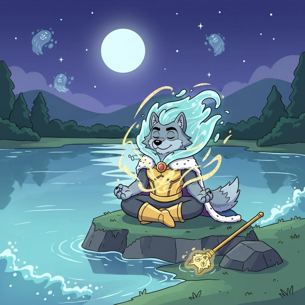 Riverpaw sat by a tranquil, moonlit lake, its surface rippling with an ethereal glow as he meditated. The power of water flowed into him, making his mane ripple like gentle waves as he became Rivermane, master of the currents.
