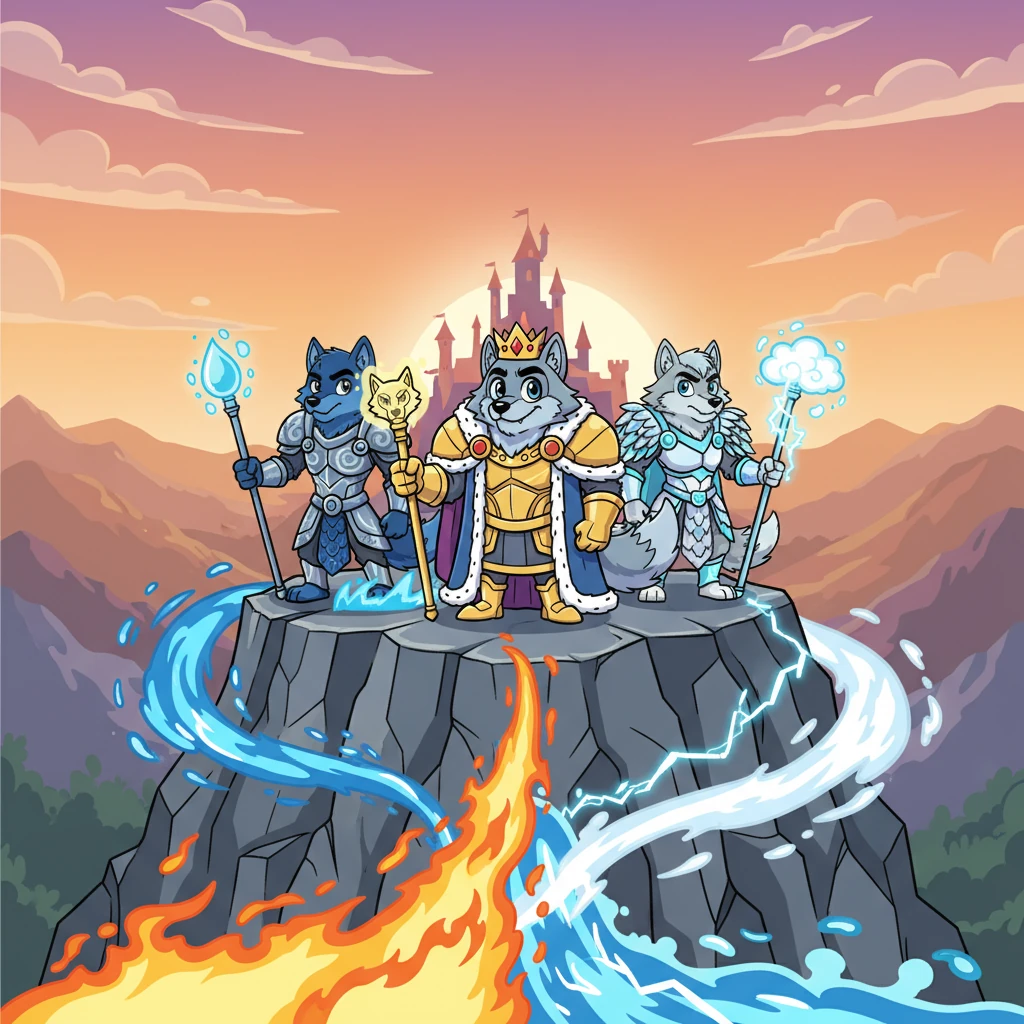 Now Emberstrike, Rivermane, and Cloudleap, the three powerful warriors stood proudly on a high mountain peak, their elemental powers swirling visibly around them. They gazed with renewed determination towards their distant kingdom, ready to face their destiny.
