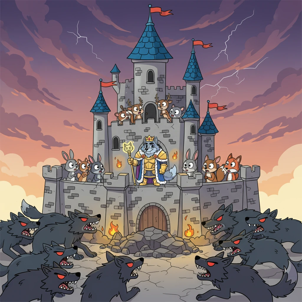 Below, their once-peaceful kingdom was in chaos, besieged by a horde of snarling, shadowy wolves led by the formidable Wolf King. The majestic castle walls were under attack, and the other animal villagers huddled in fear.