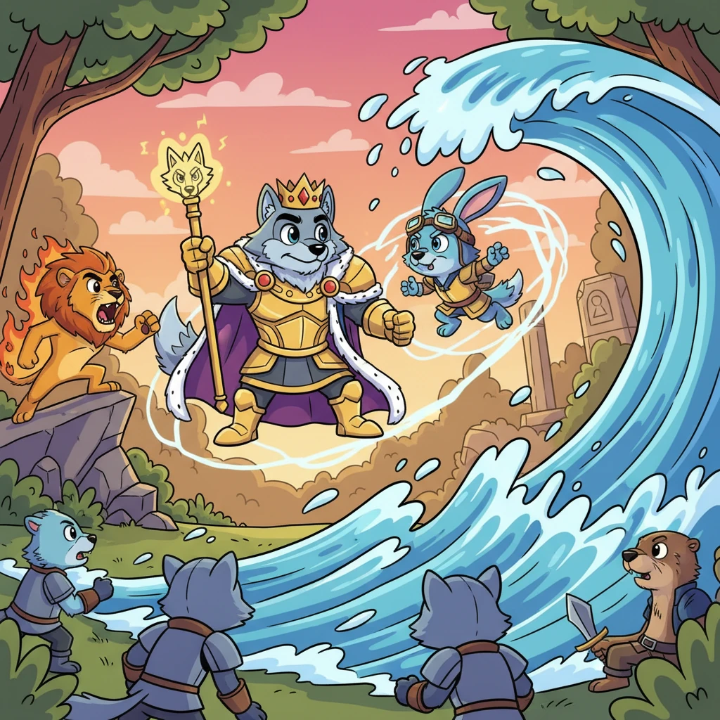 The three heroes burst into the fray! Emberstrike unleashed a fiery roar, Rivermane summoned a powerful wave to push back the wolves, and Cloudleap zipped around with lightning speed, confronting the Wolf King in a dazzling clash of powers.