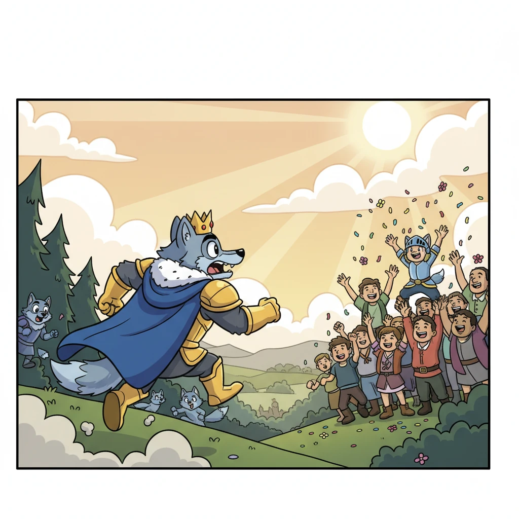 With a final, combined effort, the Wolf King was defeated and fled, his pack scattering into the shadows. The sun broke through the clouds, bathing the relieved kingdom in warmth, as the triumphant heroes were celebrated by joyous villagers.