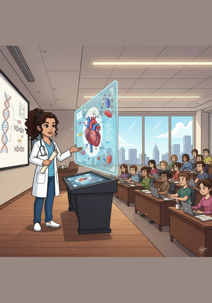On a large screen behind Elena, two distinct cellular structures appear: one neatly contained in a fibrous capsule and another aggressively spreading its jagged edges. She explains the fundamental difference between benign growths that stay put and malignant ones that invade neighboring territories. The visual contrast helps the students visualize how a simple mass can become a systemic challenge.