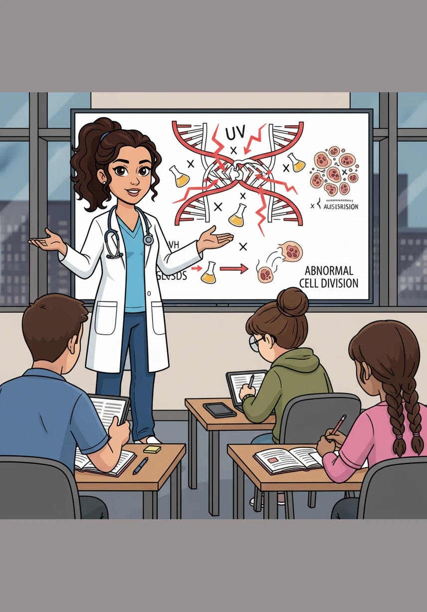 Elena points to a complex diagram of DNA strands being bombarded by various external factors like UV rays and chemical symbols. She discusses how genetic mutations, whether inherited or caused by environmental stressors, act as the spark for abnormal cell division. The students take notes as they realize the delicate balance between cellular repair and mutation.