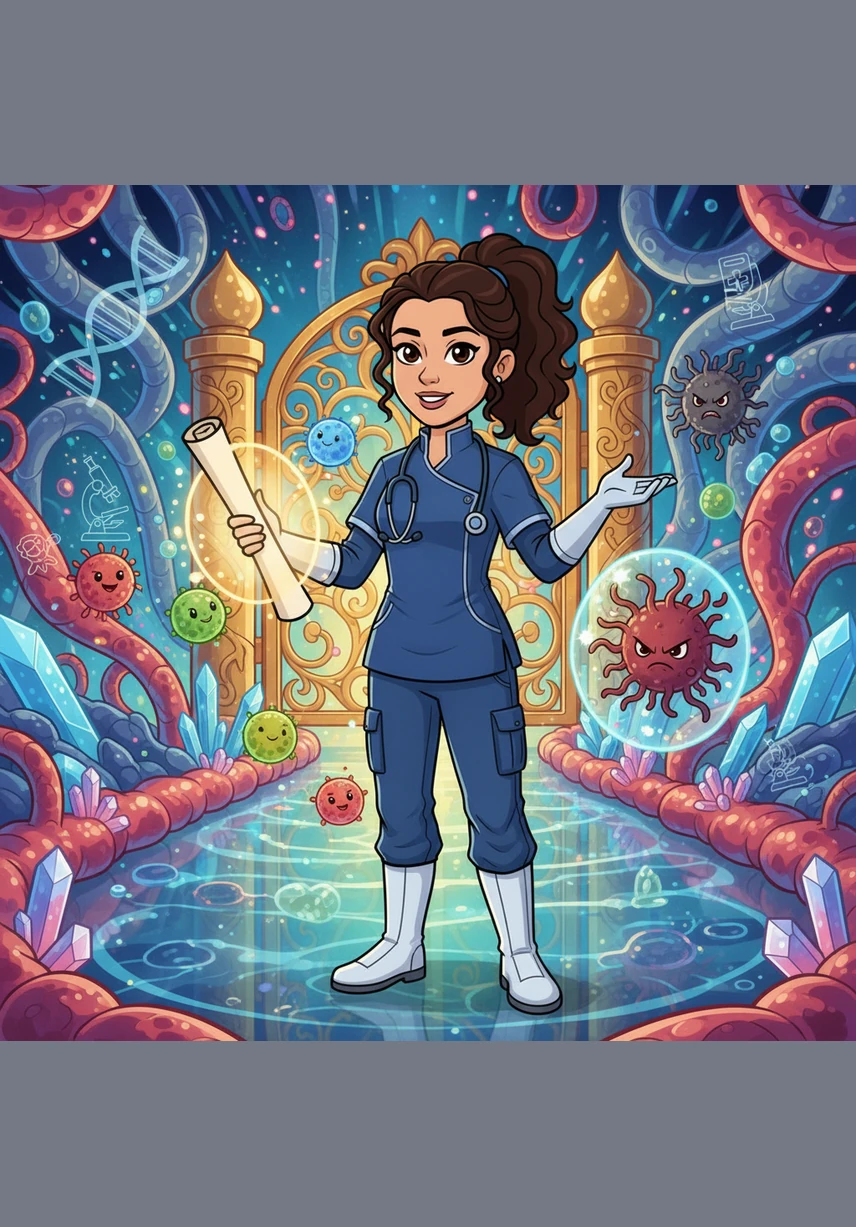 The illustration zooms into a microscopic view of a cell checkpoint where proteins act as guards, but one guard is asleep, allowing a damaged cell to pass through. Elena describes the breakdown of regulatory mechanisms that normally keep cell growth in perfect harmony. This failure of the biological security system is the moment a tumor begins to take root.