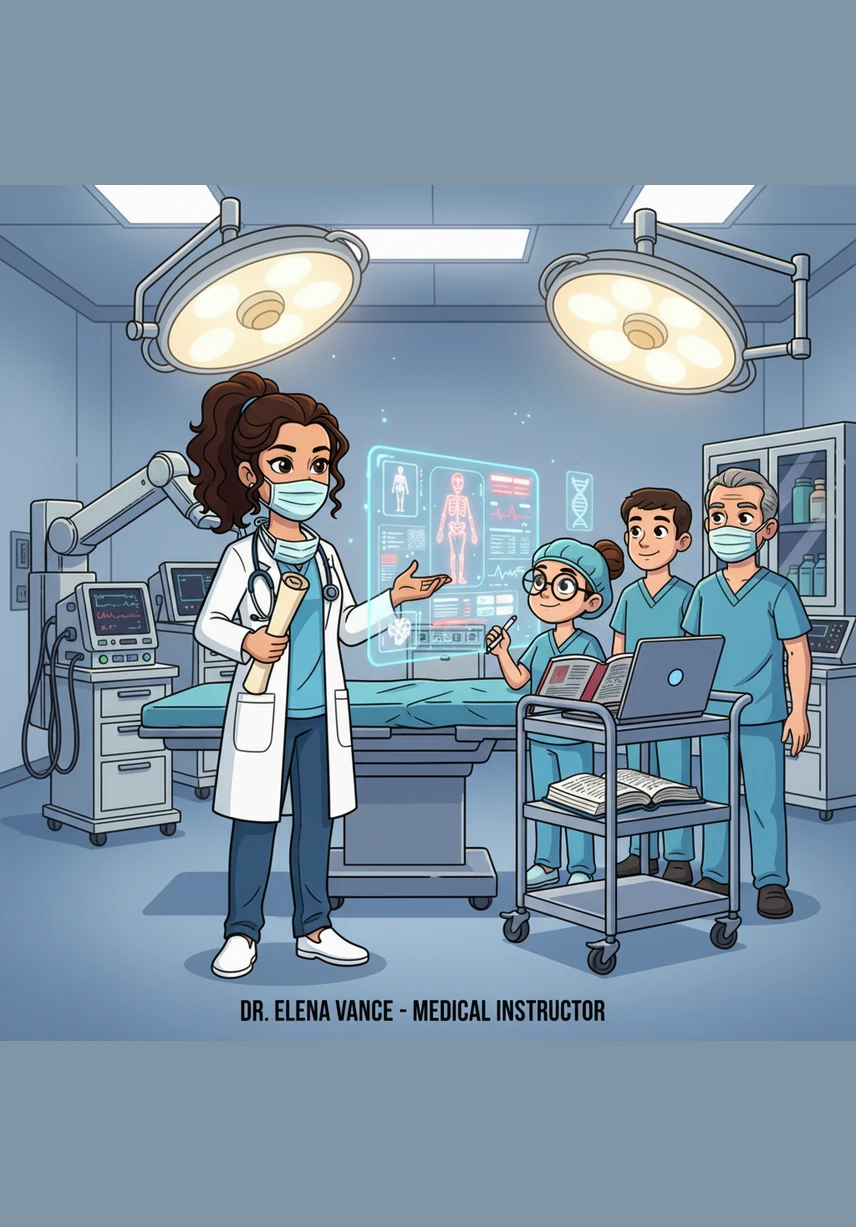 Elena stands before a glowing MRI display, where a detailed cross-section of a brain shows a highlighted area of interest. She explains how non-invasive imaging technologies allow doctors to peer inside the body to locate and measure abnormal masses without a single incision. The high-resolution image reveals the power of modern diagnostic tools in identifying hidden threats.