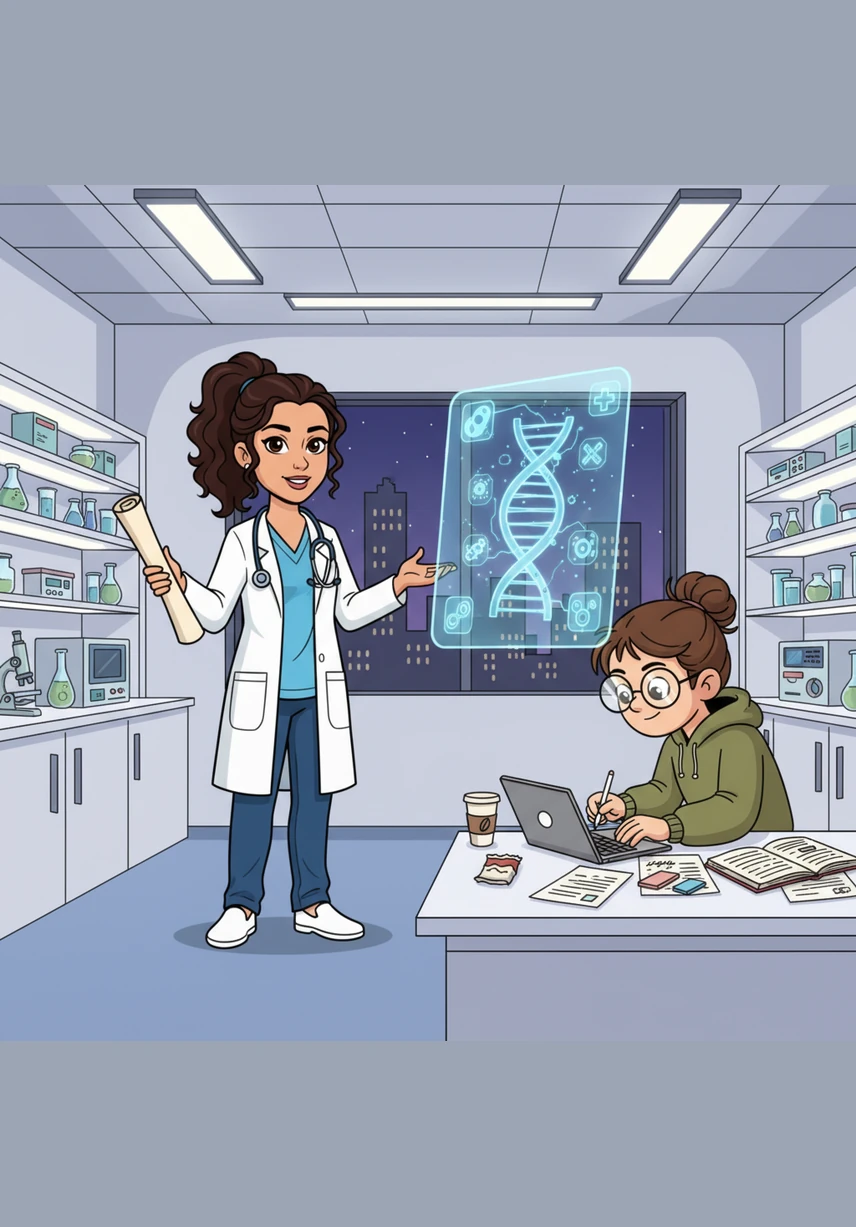 In a sterile laboratory setting, a robotic arm precisely handles a microscopic tissue sample on a glass slide. Elena details the gold standard of diagnosis: the biopsy, where pathologists examine cellular morphology to determine the tumor's true nature. Under the microscope, the hidden characteristics of the cells are finally revealed to the medical team.