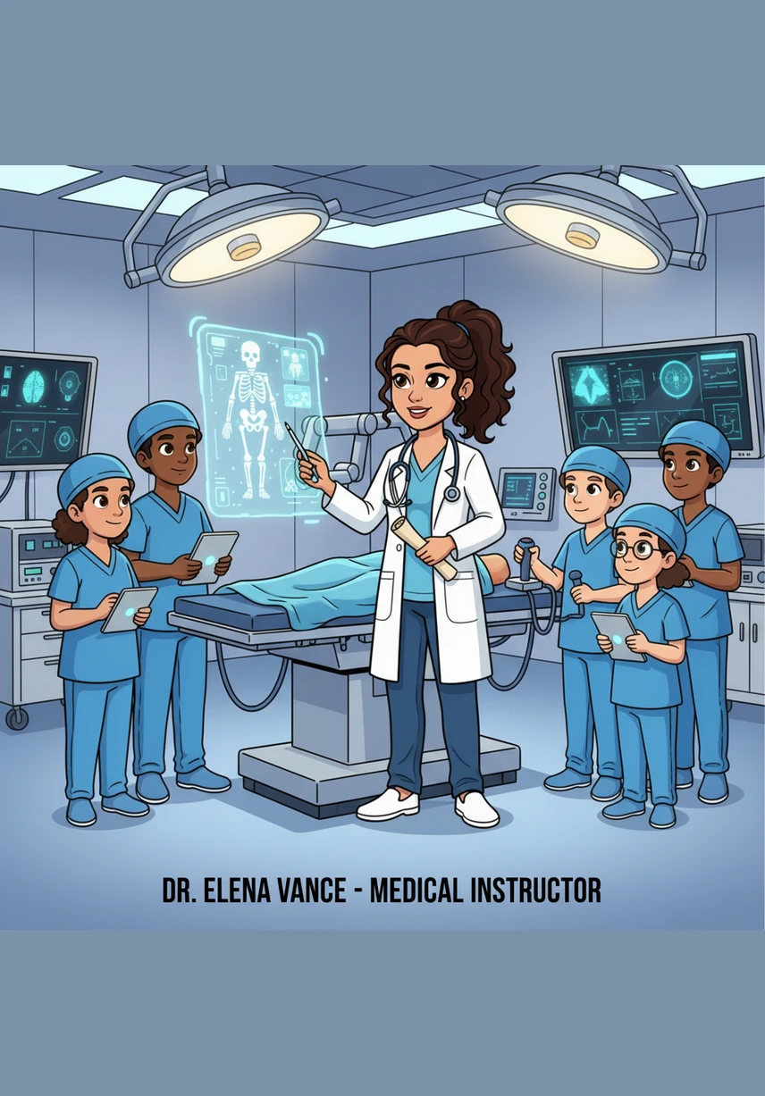 A surgical theater is bathed in cool blue light, with high-precision lasers and robotic tools ready for action. Elena outlines the primary weapons in the medical arsenal, from surgical excision to targeted radiation beams designed to destroy rogue cells. The scene illustrates the precision required to remove a tumor while sparing the healthy tissue surrounding it.