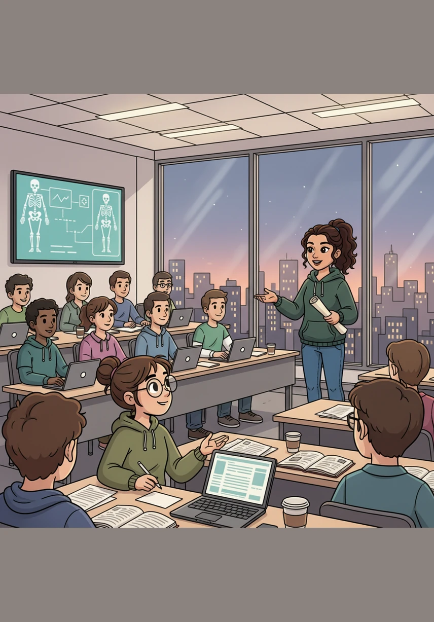 Elena looks out a window at a bright sunrise, symbolizing hope and the ongoing progress of medical science. She reminds her students that while the challenge of tumors is great, their dedication to understanding biology is the key to a healthier future. The lecture concludes with a sense of purpose and the promise of new discoveries yet to come.