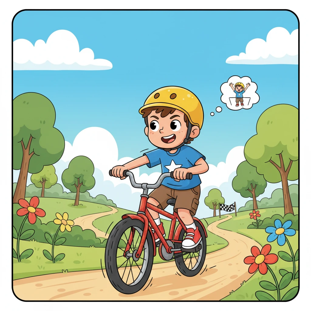 Leo, a spirited young boy, zoomed through the park on his rusty bicycle, training for the annual 'Sunnyville Sprint'. His bright yellow helmet bobbed with every pedal, a determined grin spread across his face. He imagined the finish line, picturing himself crossing it with a flourish.