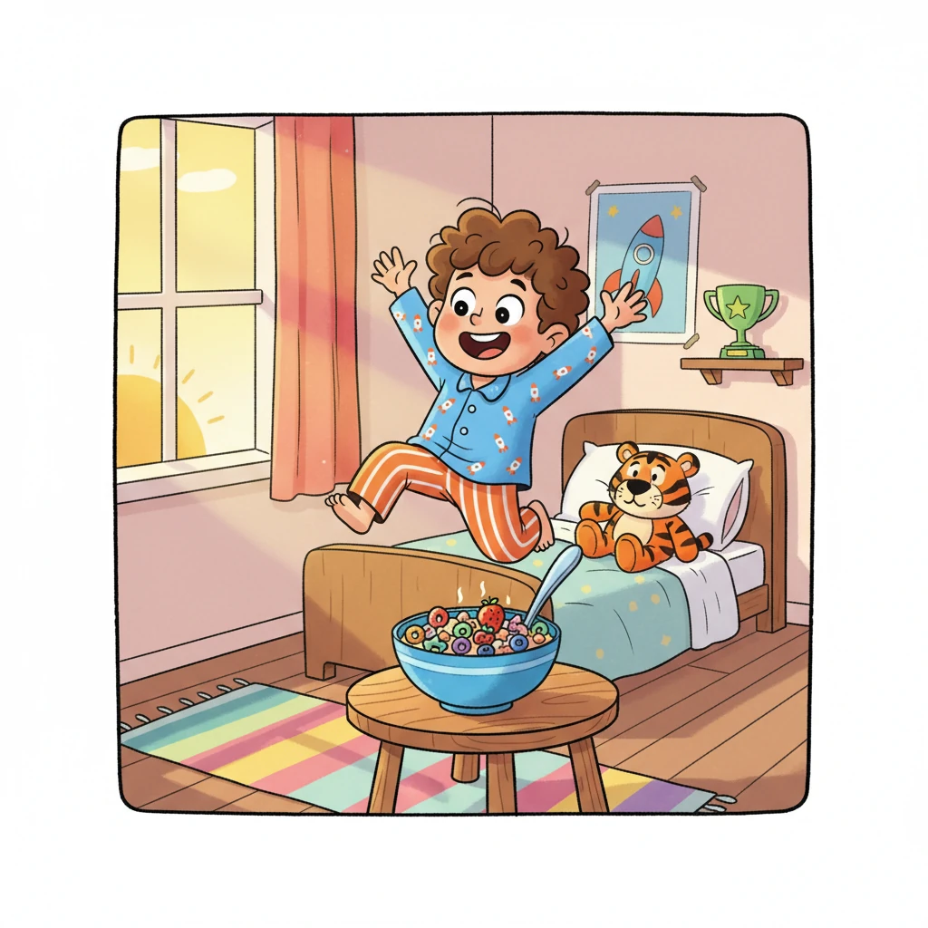 The morning of the race dawned bright and clear, painting Leo's room in hues of orange and pink. He bounced out of bed, his heart doing a happy little drum solo. A bowl of his favorite berry-filled cereal awaited him, ready to fuel his big day.