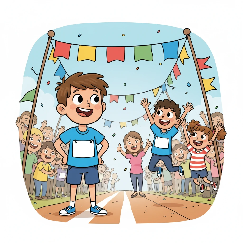 At the bustling starting line, colorful banners fluttered in the breeze. Leo stood tall, his race number pinned proudly to his bright blue shirt. He spotted his best friends, Emmanuel and Lily, waving wildly, and his mom giving him a thumbs-up from the cheering crowd.