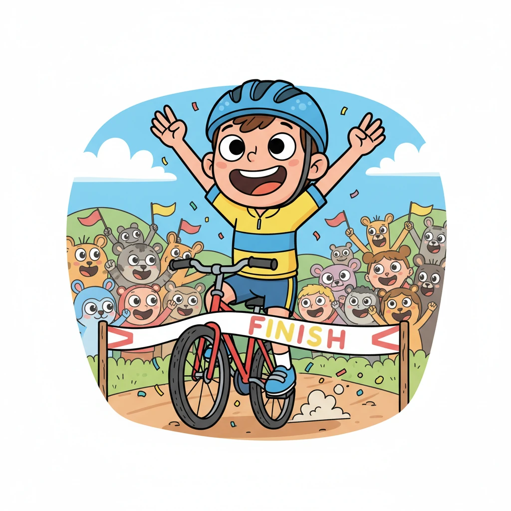 With one final, mighty push, Leo zoomed across the finish line! His bike skidded to a happy stop, and he raised his arms high in triumph. He was breathless but absolutely beaming, a true champion in his own right.