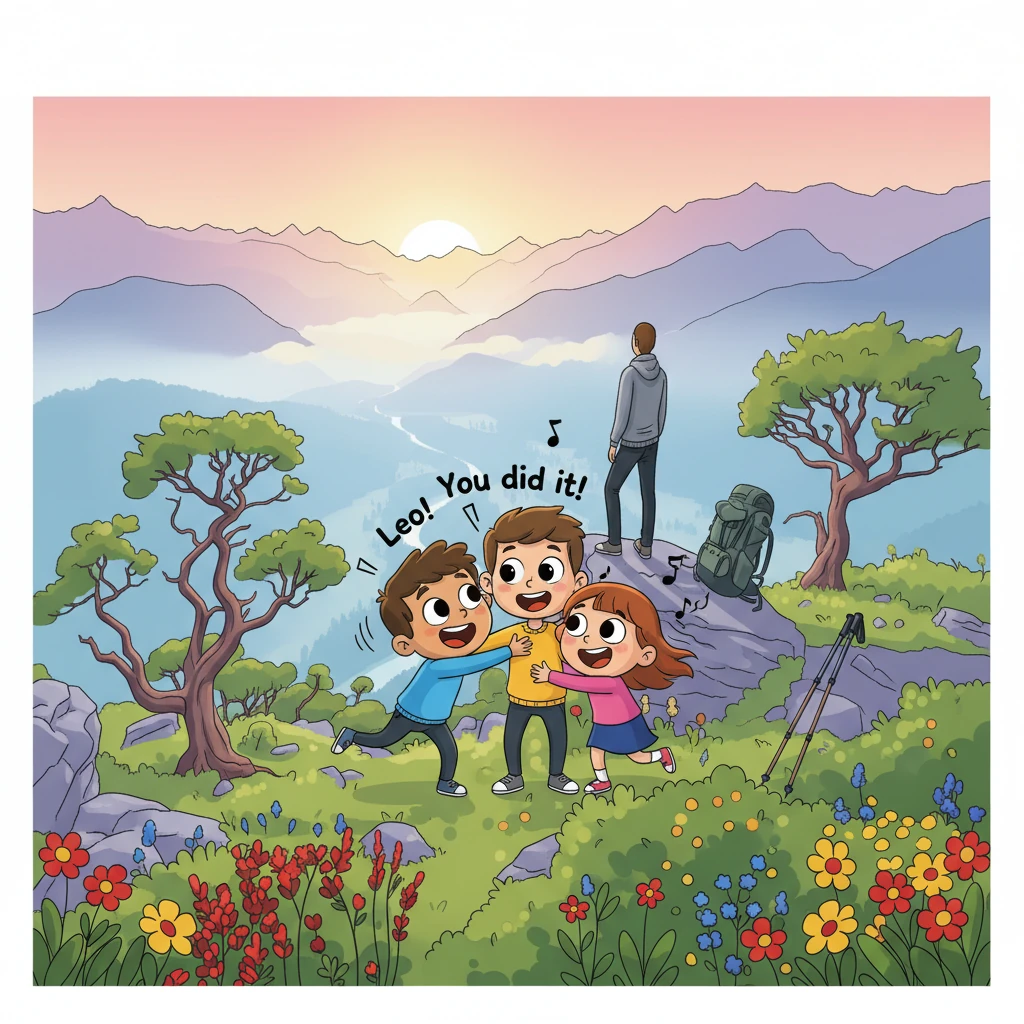 Before he could even catch his breath, a whirlwind of hugs enveloped him. Emmanuel and Lily rushed over, their faces alight with joy. "Leo! You did it!" they shouted in unison, their excitement contagious.