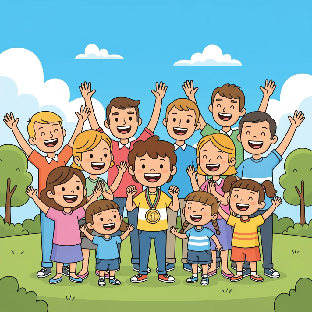 Later, surrounded by his cheering family and friends, Leo held up his participation medal, a shiny symbol of his effort and courage. Everyone gathered for a big, happy group photo, their smiles as bright as the Sunnyville sun.