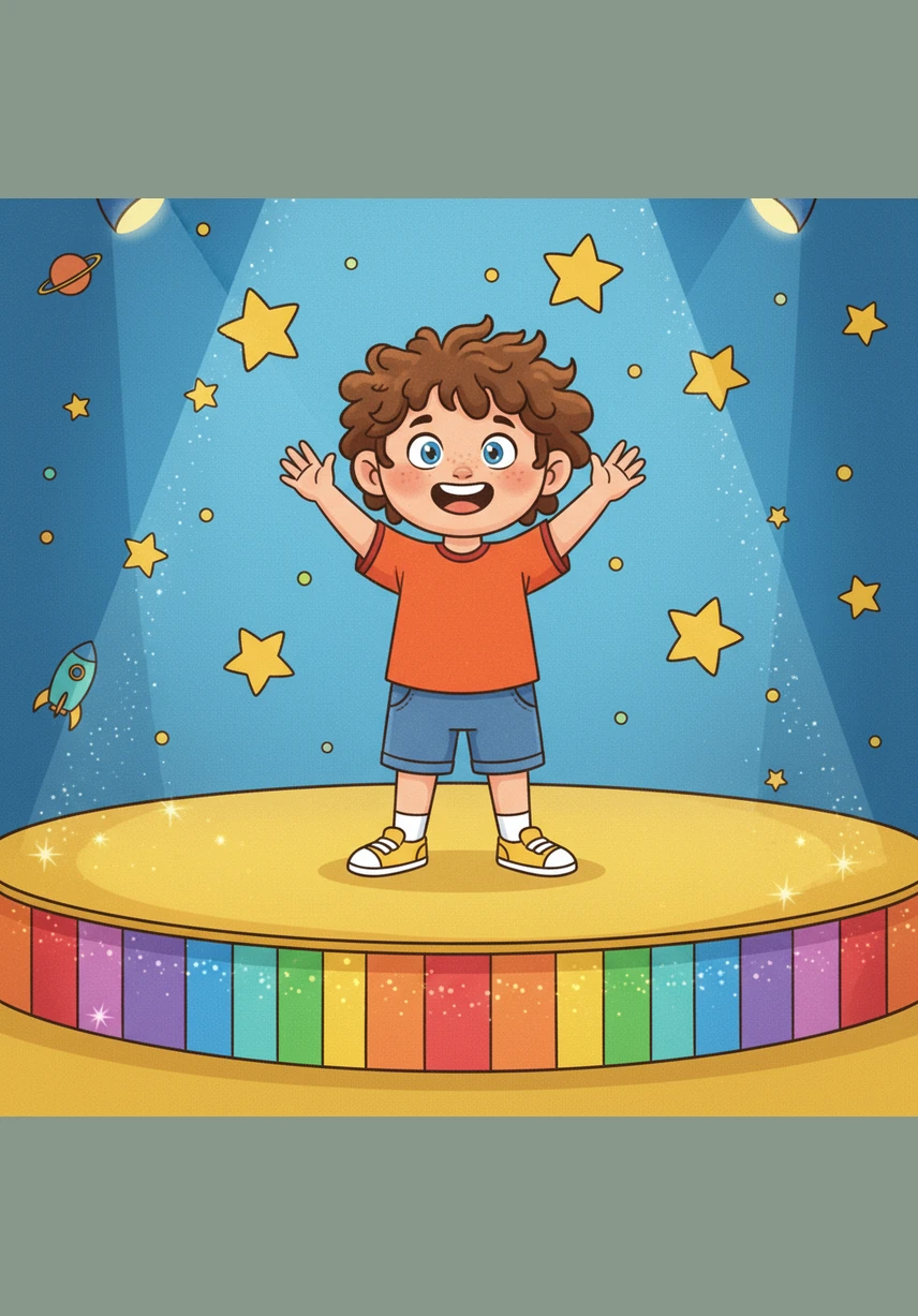 Hello! Welcome to my show! Leo stands on a bright, colorful stage with a big smile, waving his hands to the audience. The background is a cheerful blue with yellow stars, and Leo is wearing a vibrant orange t-shirt and blue shorts.