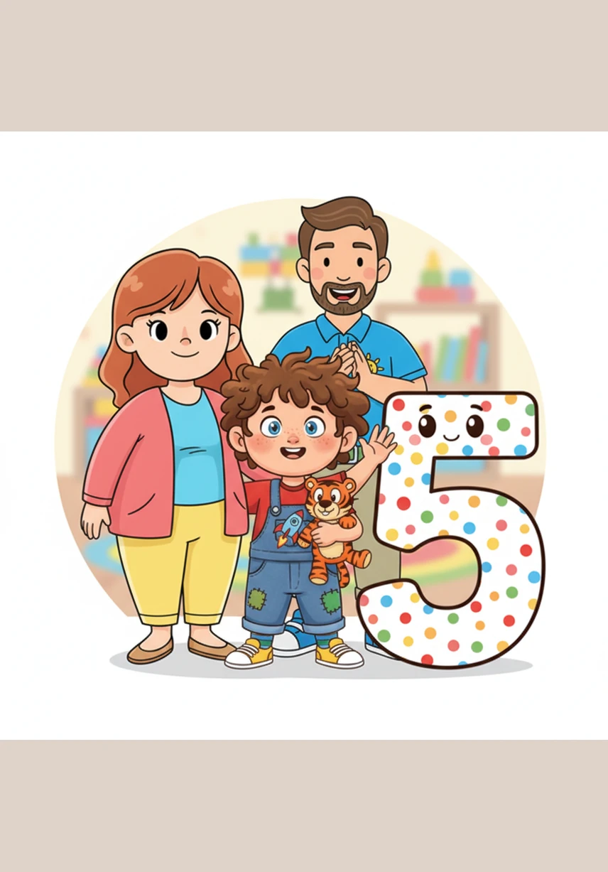 I am 5 years old. Leo holds up all five fingers on his hand with a proud look on his face. Standing next to him is a large, friendly number five decorated with colorful polka dots.