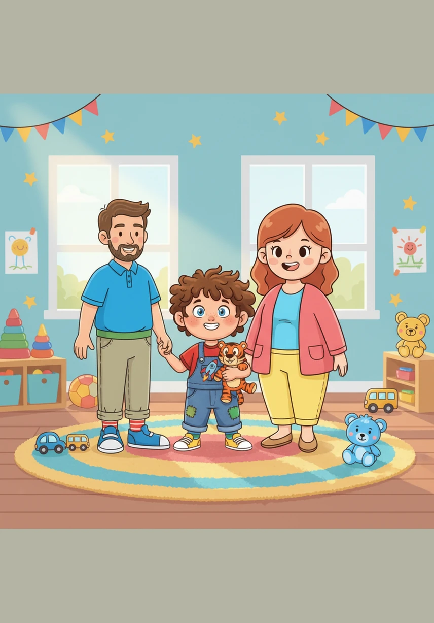 My favorite animal is... Leo stands among five cute, small cartoon animals: a dog, a cat, a lion, an elephant, and a rabbit. Each animal has a friendly face and simple shapes, filling the page with joy.