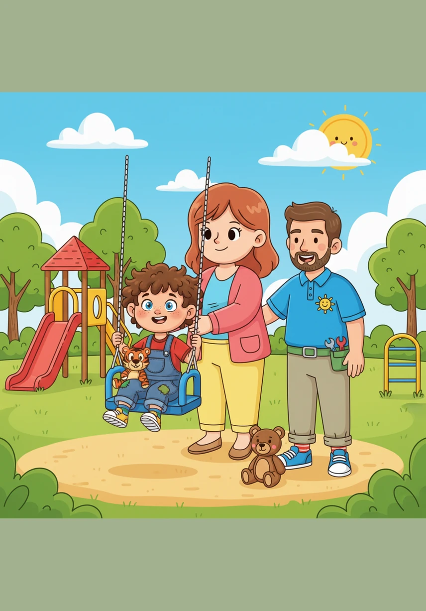 This is my family. Leo stands in a sunny park with his smiling mom, dad, and little sister. They are all holding hands and looking directly at the reader with warm expressions.