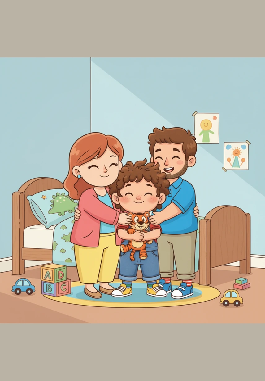 I love my family. Leo is in the middle of a big, warm group hug with his family. Small red hearts float gently in the air around them to show their happiness and love.