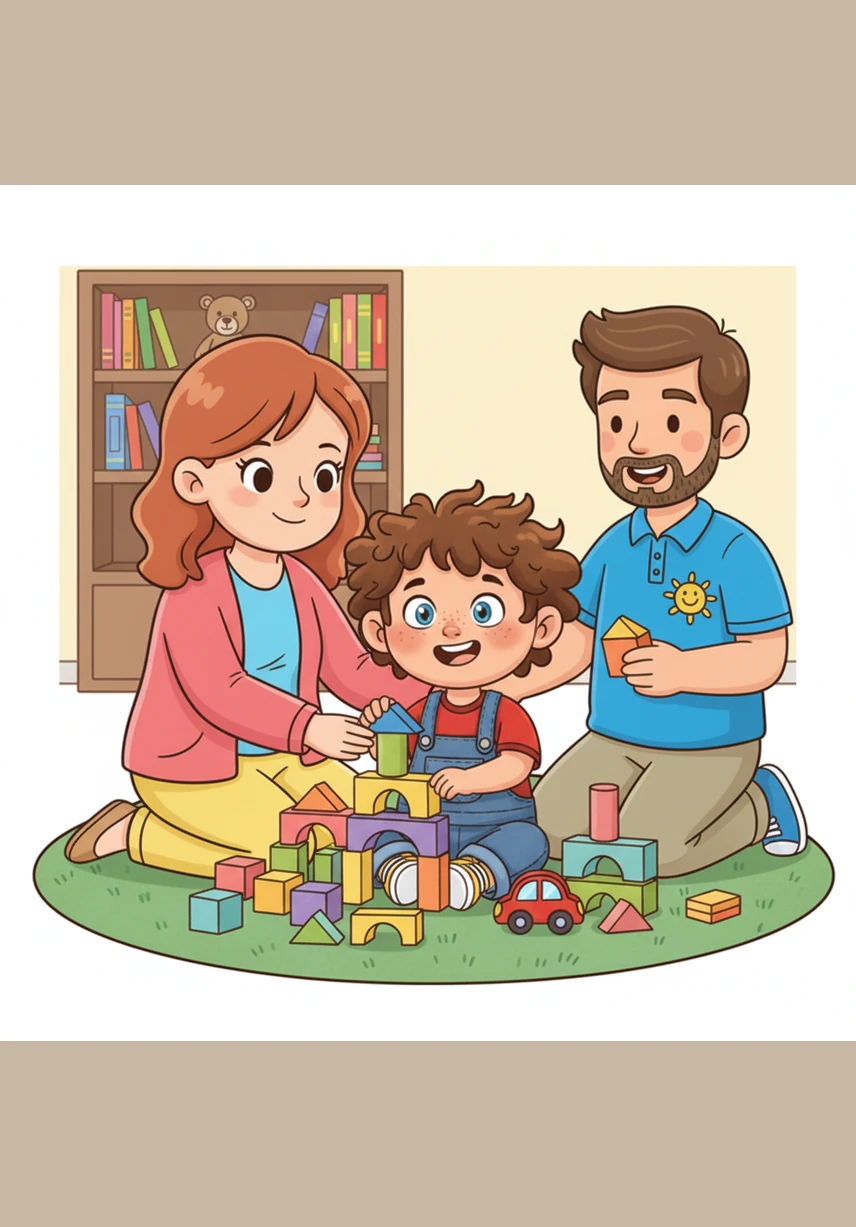 I like to play. Leo is sitting on a soft green rug playing with colorful wooden building blocks and a little red toy car. He looks very happy and focused on his fun activity.