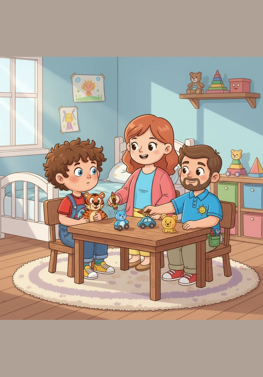 I like to learn. Leo sits at a small wooden desk looking at a large, colorful picture book. He is pointing at a picture of a bright yellow sun on the page with a curious and excited look.