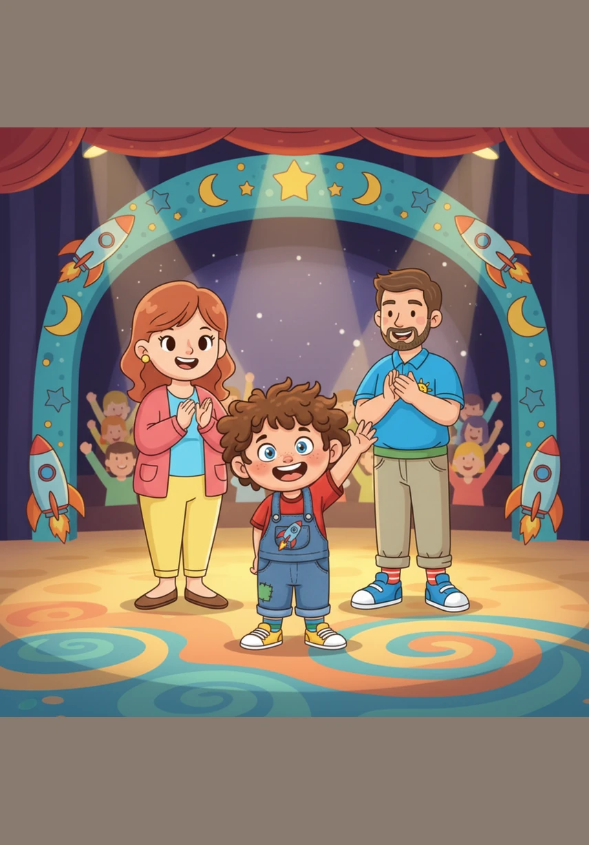 Thank you for watching! Leo is back on the colorful stage, taking a polite bow for his audience. He is waving goodbye with a big, joyful smile as the show comes to a happy end.