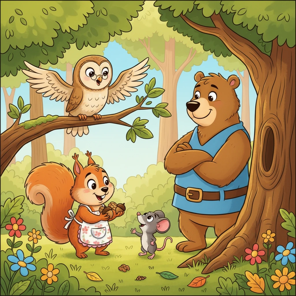 Barnaby the Bear watches over the Sunny Forest. He sees a kind Squirrel sharing a few nuts with a hungry little Mouse, purely out of the goodness of her heart. An old wise Owl hoots approvingly from a branch, encouraging such sweet gestures of individual kindness. It's a simple, heartwarming act of charity, one friend helping another.