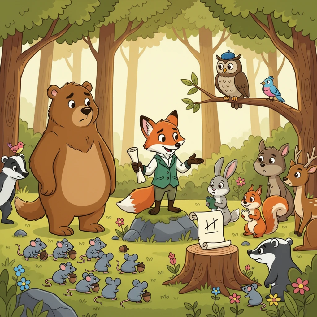 One day, Barnaby notices many more mice scurrying around, looking sad and hungry, far too many for just one squirrel to help. A clever Fox, known for his smart ideas, suggests to the forest council that they need a better plan. He proposes counting all the hungry animals and finding a way for everyone in the community to contribute to helping them. This way, no one would be left out.