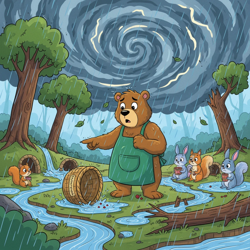 Suddenly, a huge, swirling storm sweeps through the Sunny Forest, knocking down trees and washing away many homes. Lots of animals lose their food and shelter, and the "Community Berry Basket" is quickly emptied. Barnaby sees that the old ways of helping aren't enough for such a big problem; the forest needs a stronger system.