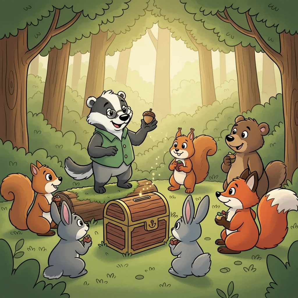 A smart Badger, who loves planning ahead, introduces a brilliant new idea: the "Rainy Day Fund." Every animal would contribute a tiny bit of their food each week, even when times are good. This collected food would be saved, so if anyone ever got sick, lost their home, or couldn't find food, they would have a safety net to rely on.