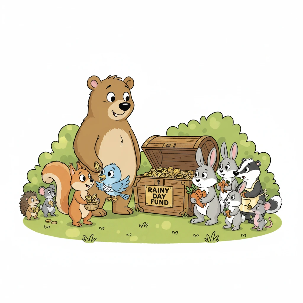 The animals eagerly join the "Rainy Day Fund," each contributing their small share. Barnaby watches as a little bird with a sprained wing receives seeds from the fund, helping her recover. A family of rabbits whose burrow flooded gets extra carrots, showing how collective saving truly helps everyone in times of need.