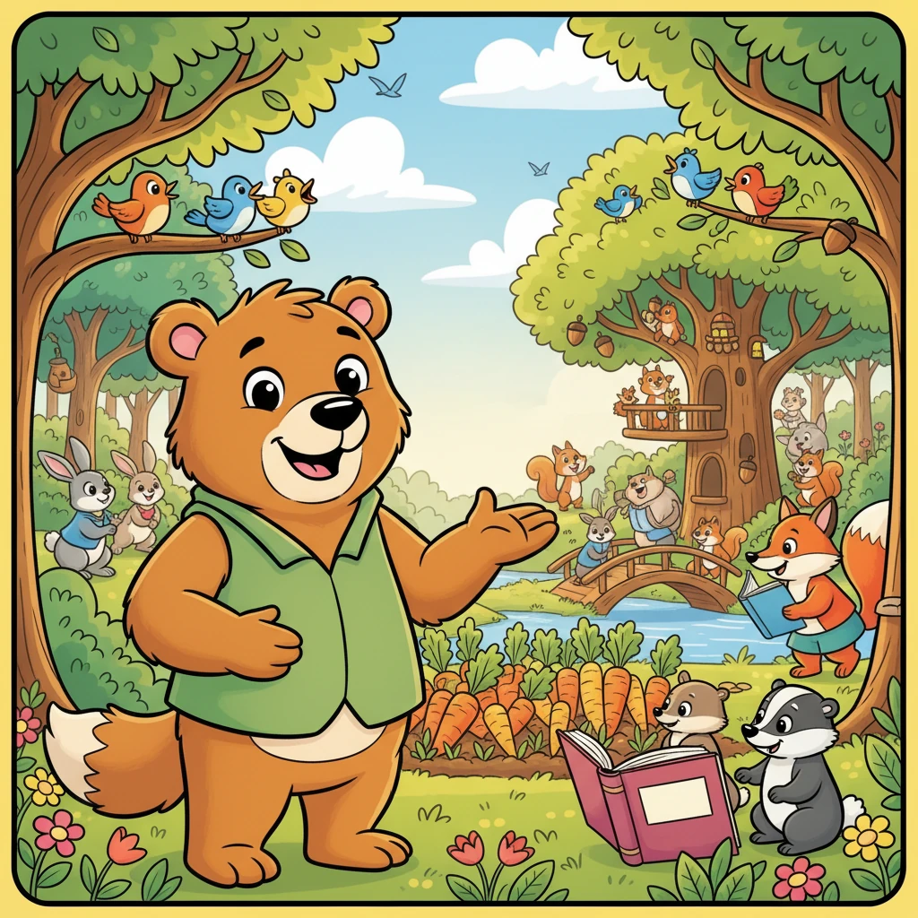 Barnaby the Benevolent Bear smiles, looking out at the bustling, happy Sunny Forest. Thanks to all the caring efforts and clever ideas throughout time, every animal now feels safe and supported, knowing they are part of a community that looks after everyone. The forest thrives, a testament to its collective heart.
