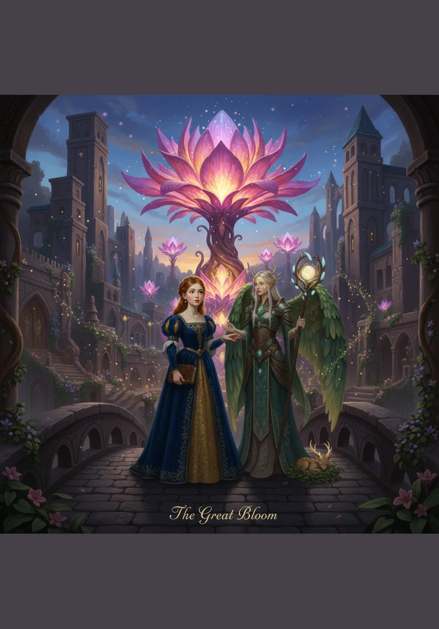 Elara was led to the Great Bloom at the city's heart, a flower so large it held the glow of a miniature sun within its petals. She realized that the petal rain was the city’s way of sharing its magic with the world, keeping the earth’s spirit alive through the ages.
